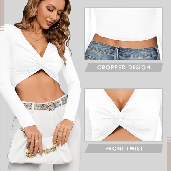 Long Sleeve Crop Tops for Women Tie Front V Neck Womens Sexy Tops Trendy - Picture 4 of 7